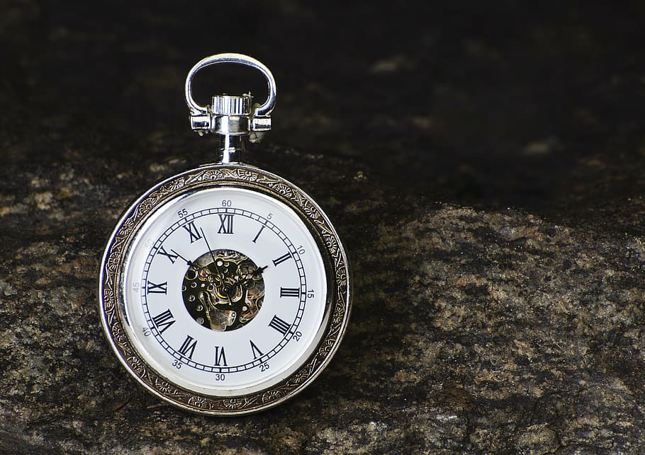 selective focus photography of silver-colored pocket watch HD wallpaper