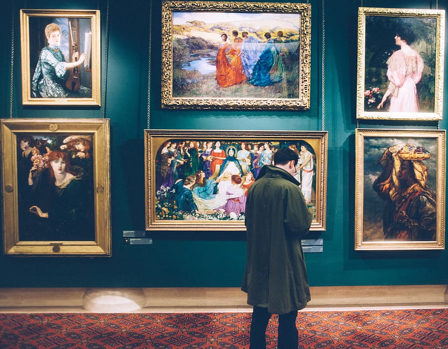man looking on painting museum, people, artist, exhibit, frame, HD wallpaper