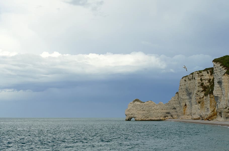rock, chalk cliff, coast, beach, sea, ocean, heaven, clouds, HD wallpaper