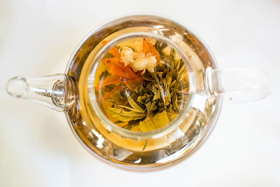 top view photo of green leafed plants inside glass kettle, red petaled flowers in clear glass terrarium HD wallpaper
