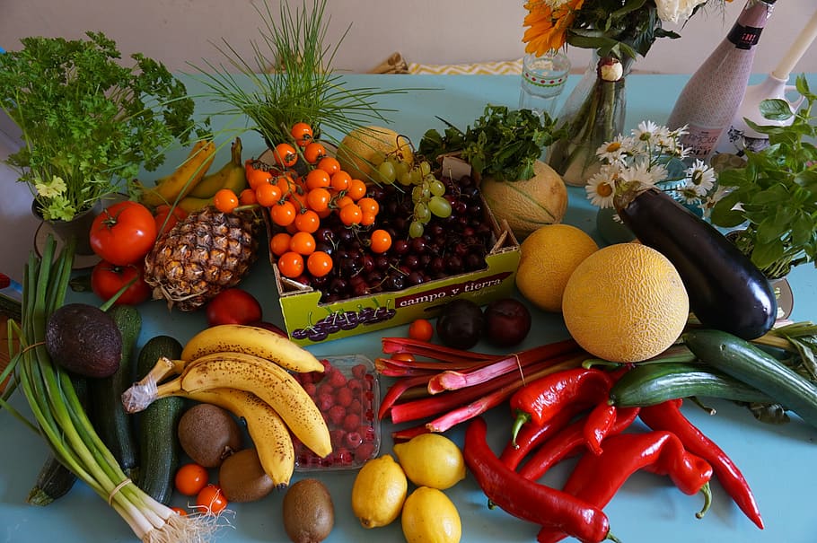 assorted fruits and vegetables, groceries, fruit haul, vegan