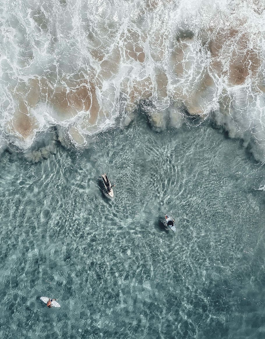 ESCAPE, bird's-eye view of body of water, surf, aerial view, surfer