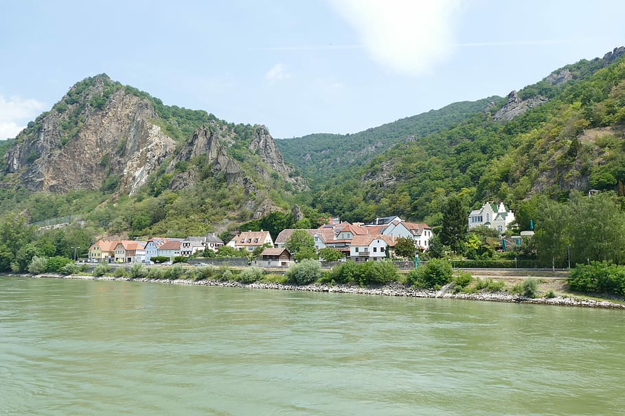 houses near body of water, Wachau, Lower Austria, danube valley, HD wallpaper