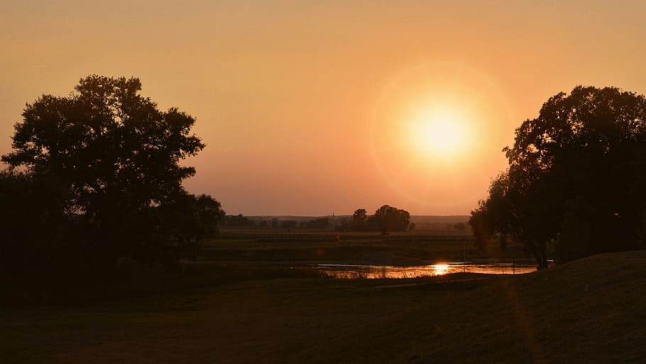 sunset, landscape, trees, evening sky, afterglow, twilight HD wallpaper