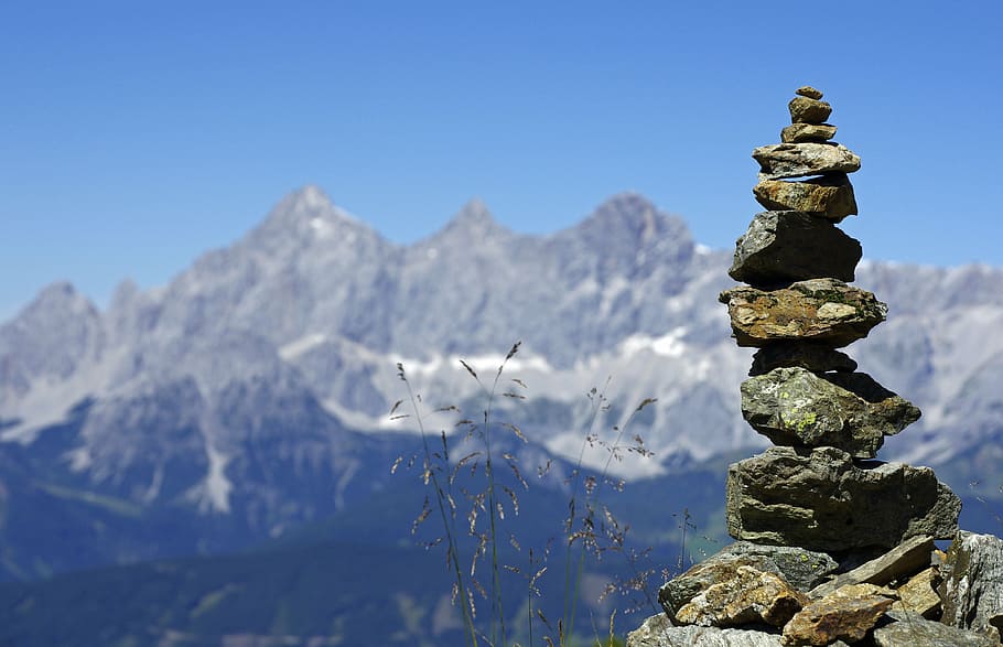 selective focus photography of balanced stones, mountains, dachstein HD wallpaper