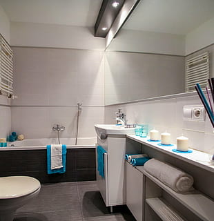 three pillar candles near ceramic sink, bathroom, wc, mirror HD wallpaper