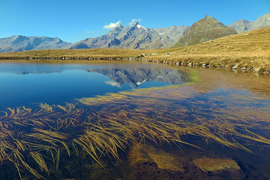 water, lake, river, mountain, sky, clouds, nature, grass, summer HD wallpaper