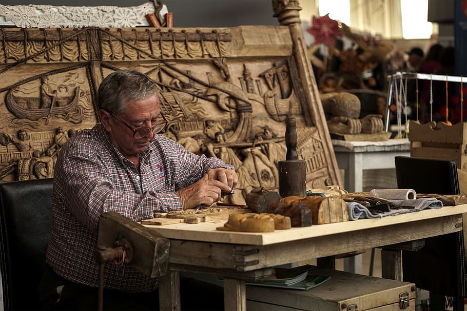 man sitting beside carved panel, sculptor, work, manual, chisel HD wallpaper