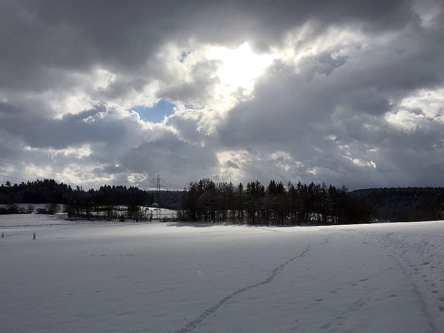clouds, snow, forest, mood, ray of hope, eggasse, winter, cloud - sky HD wallpaper