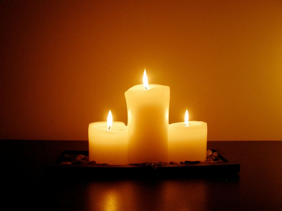 three white candles, meditation, candlelight, dim, flame, fire