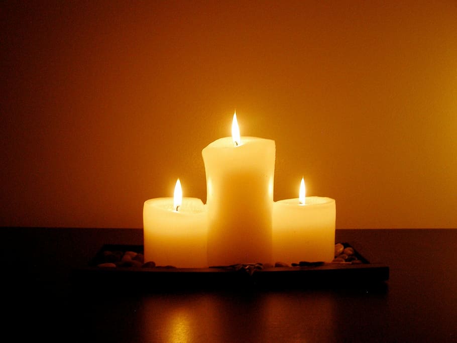 three white candles, meditation, candlelight, dim, flame, fire HD wallpaper