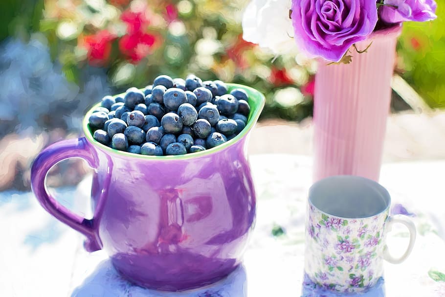pitcher of blueberries near mug, summer, fruit, fresh, healthy HD wallpaper
