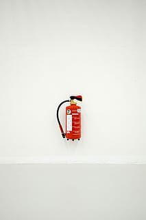 red fire extinguisher, white, wall, minimalism, copy space, safety HD wallpaper