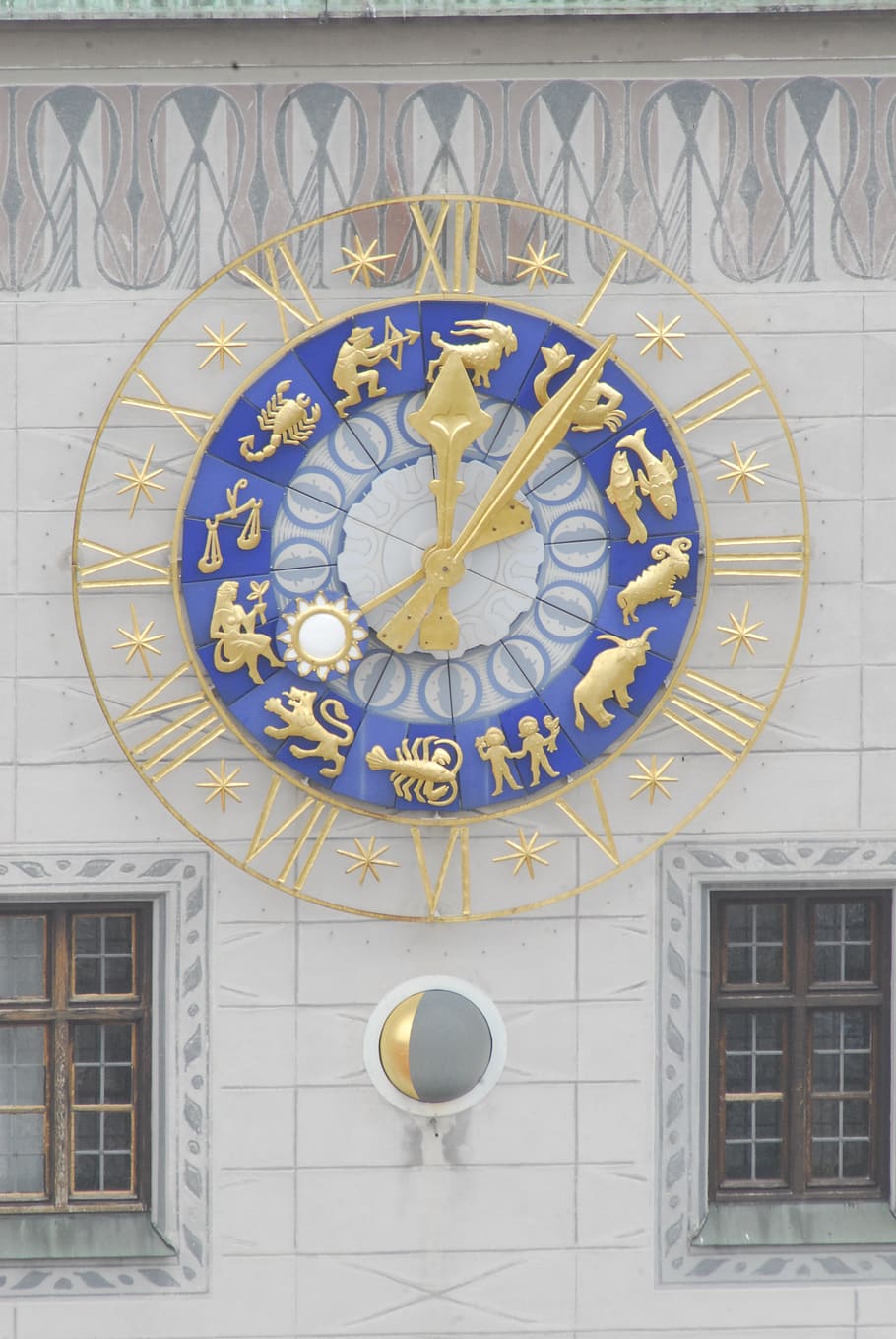 window, ornament, architecture, within, clock, time of, zodiac sign