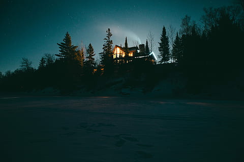 house surrounded by trees during night, lighted house during nighttime HD wallpaper
