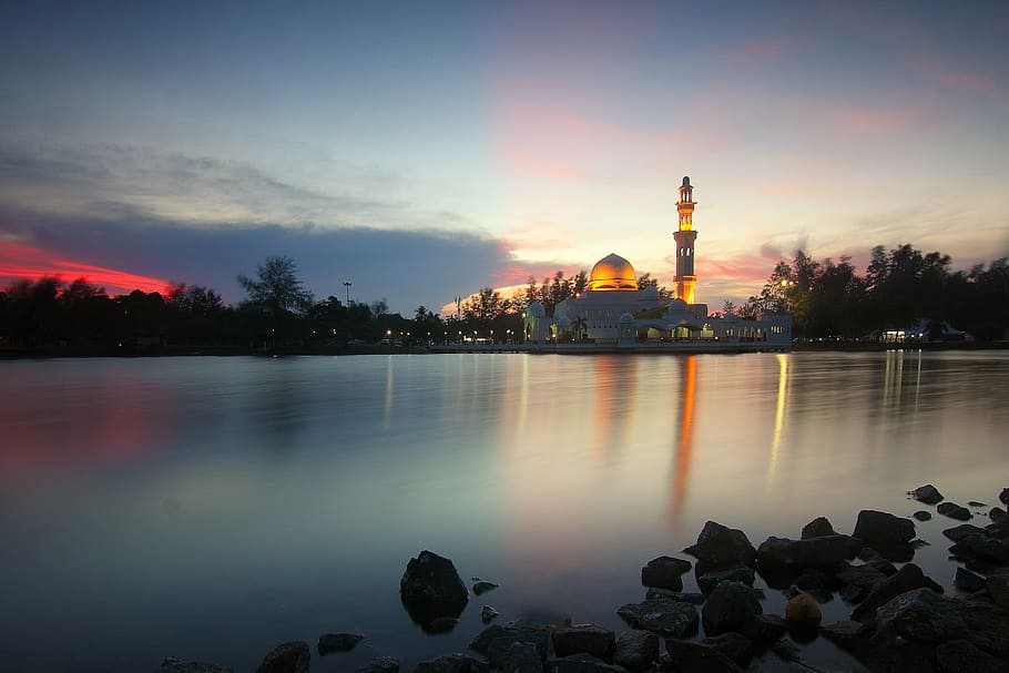 architecture, dawn, dusk, lake, outdoors, reflection, river HD wallpaper