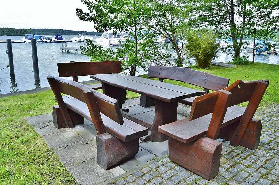 seat combination, wood, rustic, table, benches, hand labor HD wallpaper