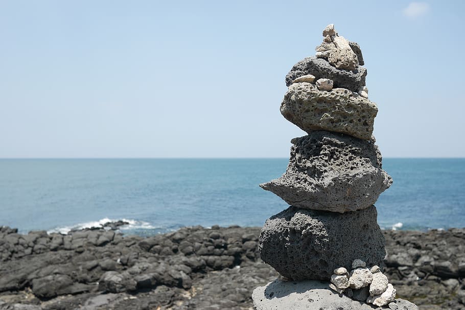 balance stone near body of water, jeju island, landscape, sea