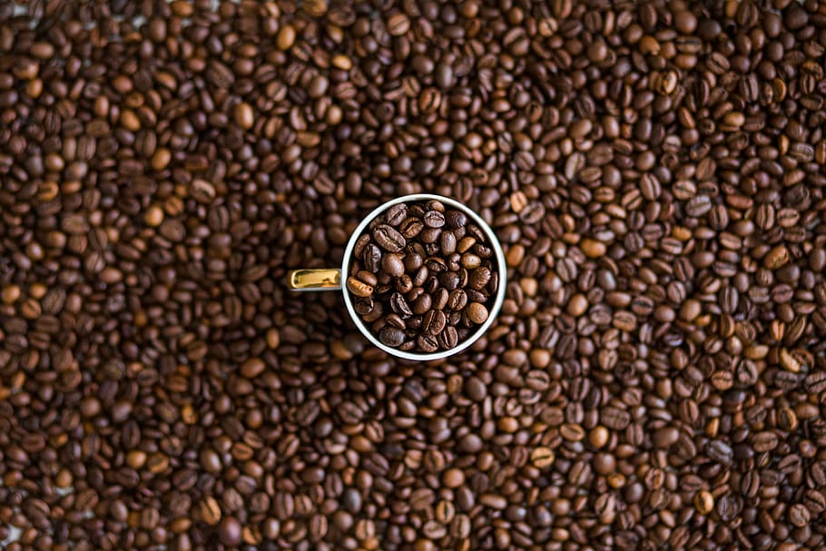 coffee beans on mug, glass, cup, texture, roasted coffee bean, HD wallpaper