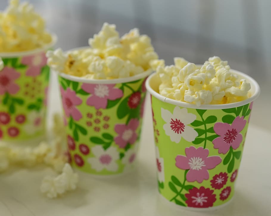 three multicolored popcorn buckets, Mug, food, snack, dessert HD wallpaper