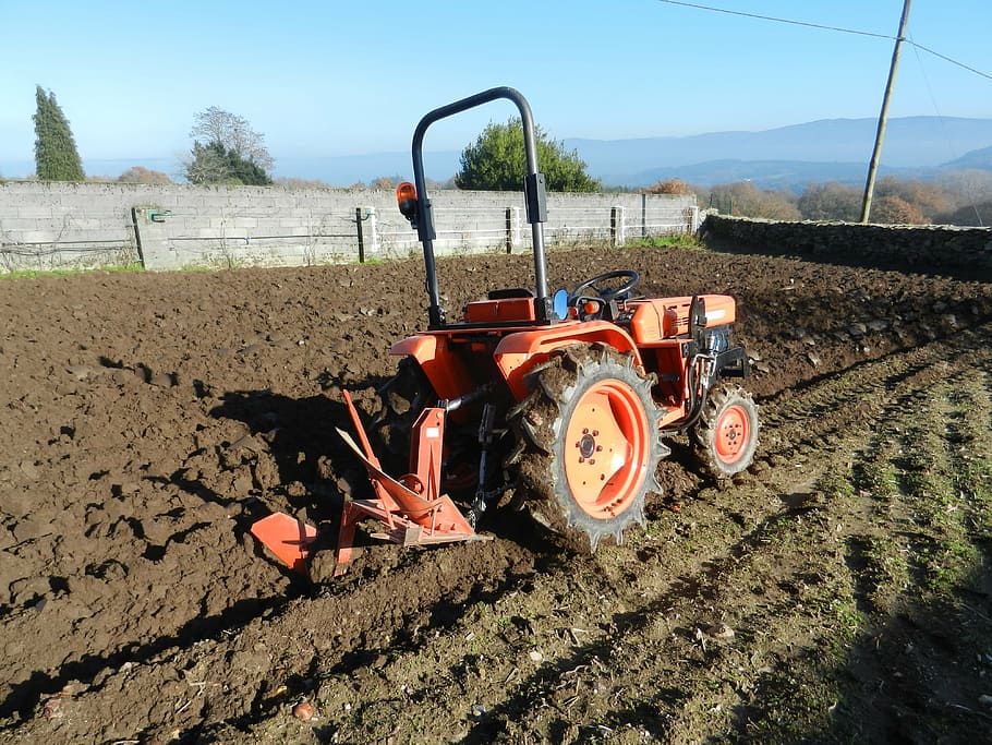 tractor, orchard, plow, land, nature, day, transportation, mode of transportation HD wallpaper