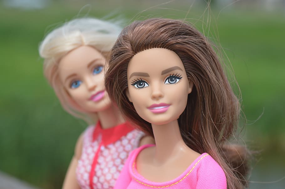 macro photography of two Barbie dolls, brunette, blonde, look