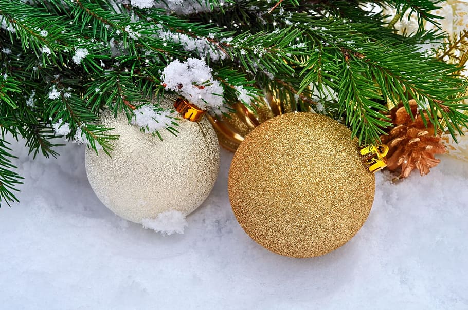 white and brass Christmas ball decors, background, balls, cold HD wallpaper