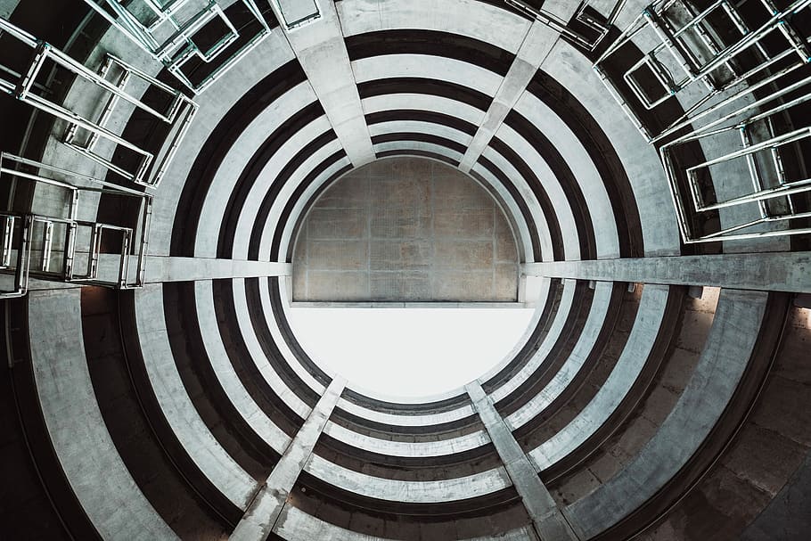 worm's eye view on building, untitled, spiral, circle, architecture HD wallpaper