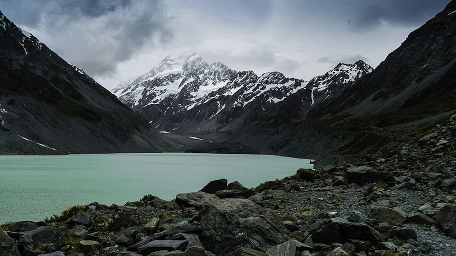 landscape photography of lake and mountains, body of water within snow-covered mountain HD wallpaper