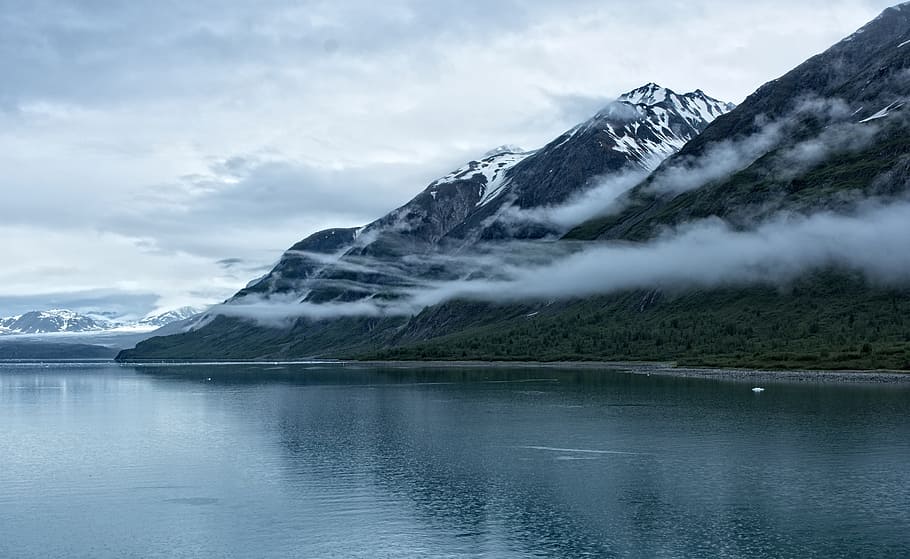 mountain in front of body of water, snow, panoramic, landscape HD wallpaper