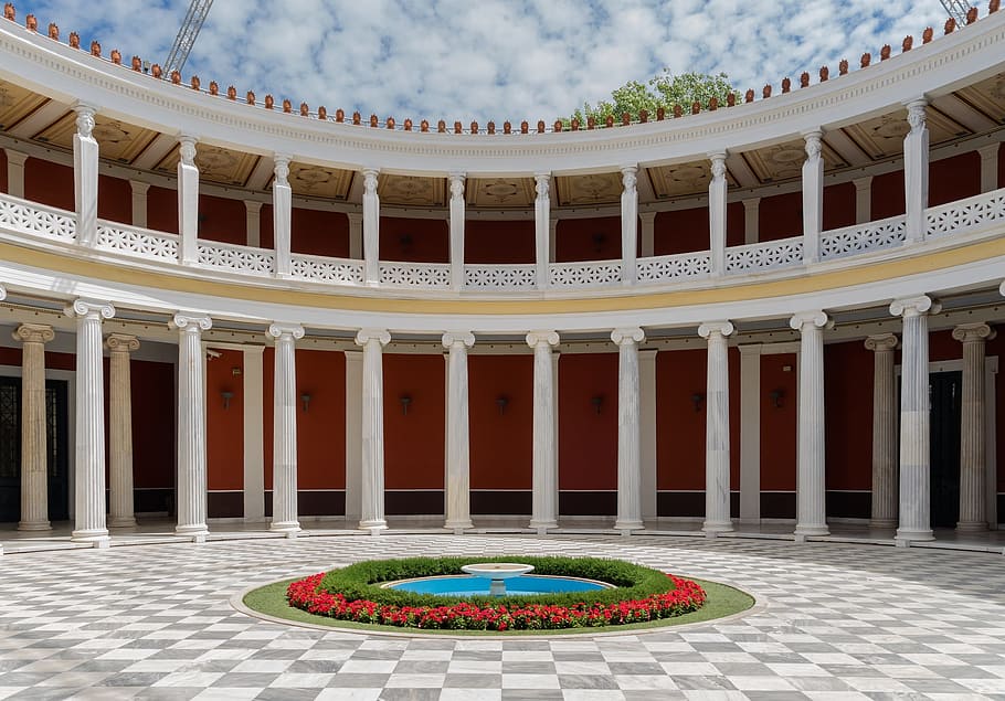 vacation, landmark, clouds, flowers, architecture, atrium, building HD wallpaper