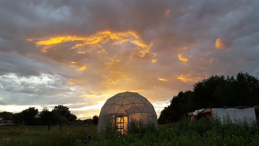 landscape photography of white dome tent during golden hour, dome structure on grass field HD wallpaper