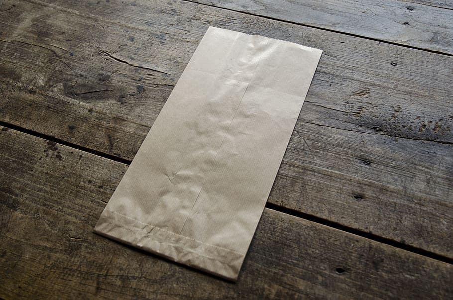 brown paper bag on wooden surface, blank, package, packaging, HD wallpaper