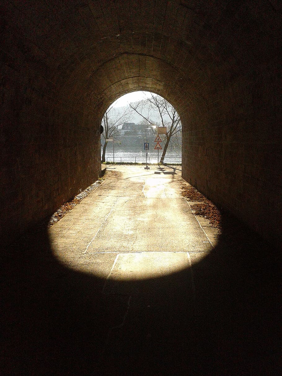 grey tunnel near signboard during daytime, passage, light, shadow HD wallpaper