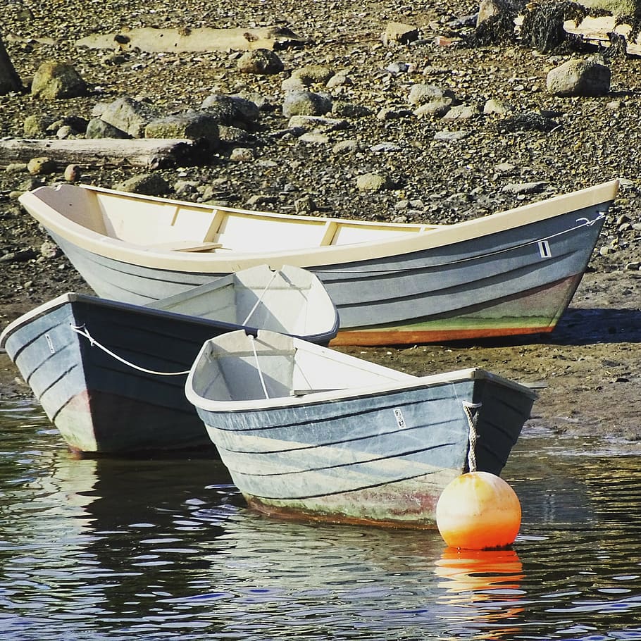 three gray boats on shore, tide, dingy, skiff, fishing, calm, HD wallpaper