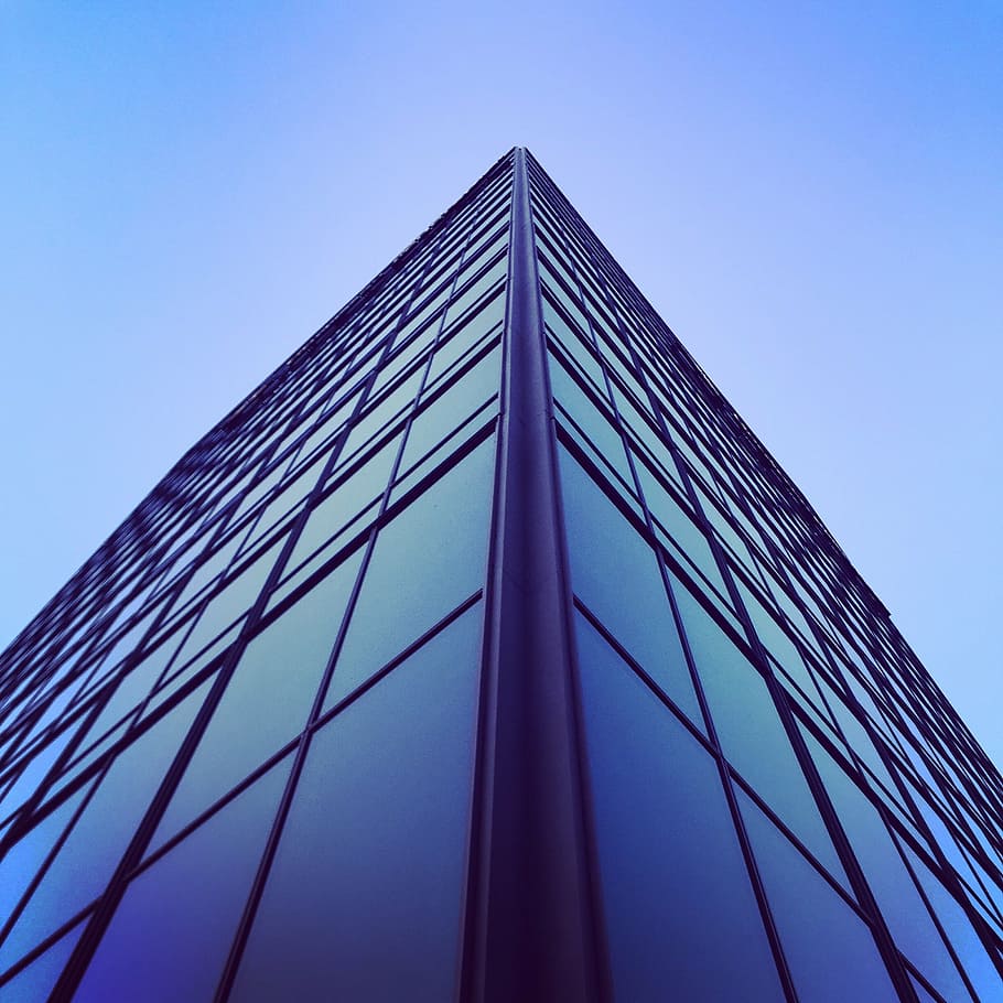 worm view photography of building, worms, eyeview, blue, sky