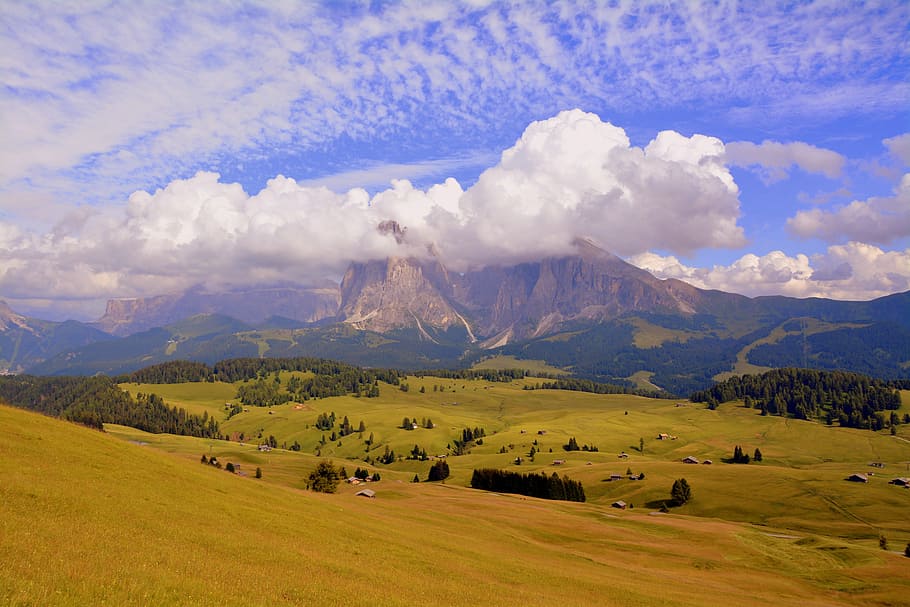 dolomites, sky, clouds, prato, prairie, the group of the sassolungo HD wallpaper