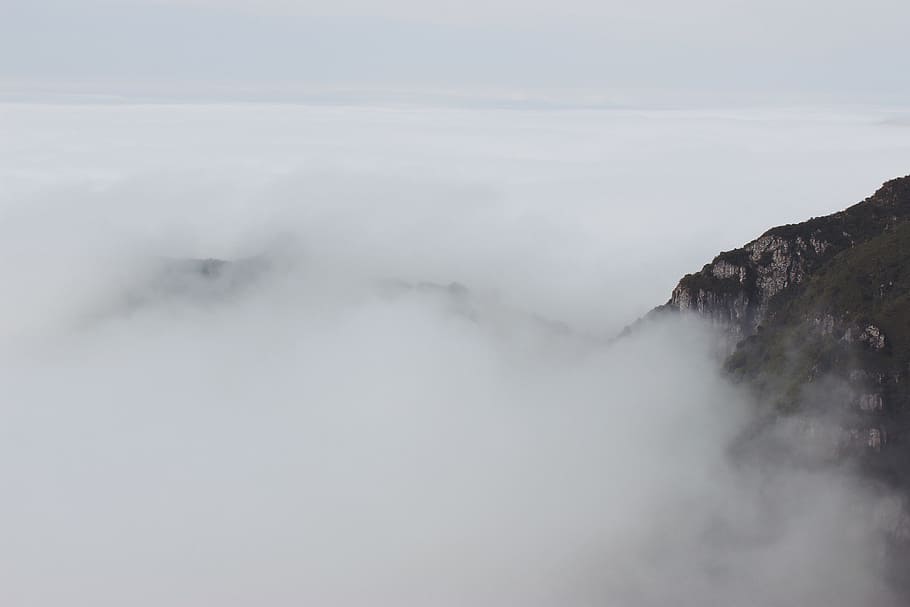 white cloud beside mountain, green and black mountain covered by fog HD wallpaper