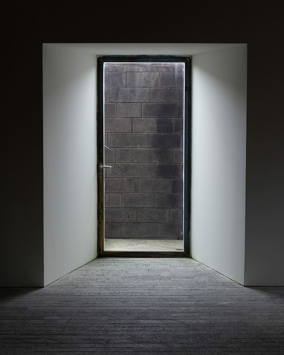 closed door, opened door with light, cinder block, window, architecture HD wallpaper