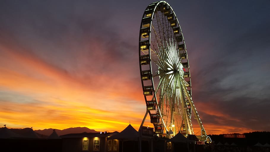 stagecoach, ferris wheel, sunset, sky, architecture, amusement park ride, HD wallpaper