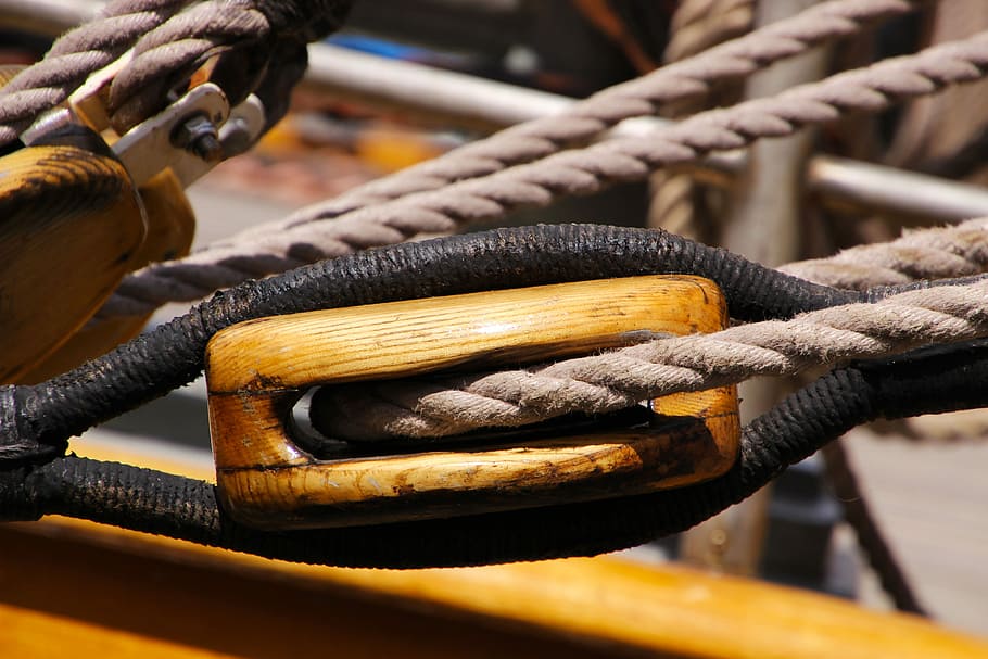 brown rope and brown pulley, Block, Equipment, rigging, sailboat HD wallpaper