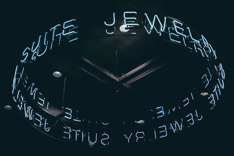 Jewelry suite lighted neon signage, white and black LED signage hanging on the ceiling, HD wallpaper