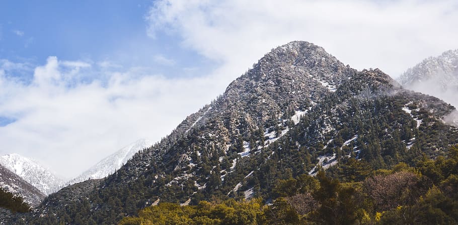 mountain, sky, trees, clouds, summit, peak, nature, landscape HD wallpaper