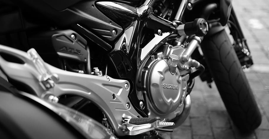 grey scale photography of Suzuki motorcycle engine, silver, cylinder, HD wallpaper
