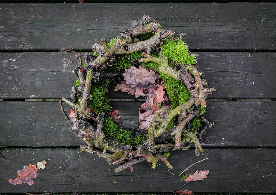 green leaves and twigs wreath on wooden surface, flora, leaf HD wallpaper