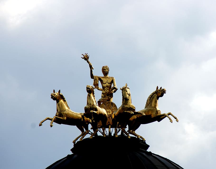 quadriga, monument, horses, landmark, statue, high, sky, germany