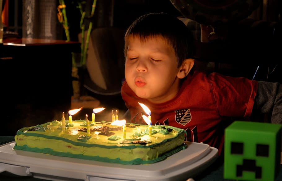 boy wearing red shirt blowing cake candles, crew neck, festival