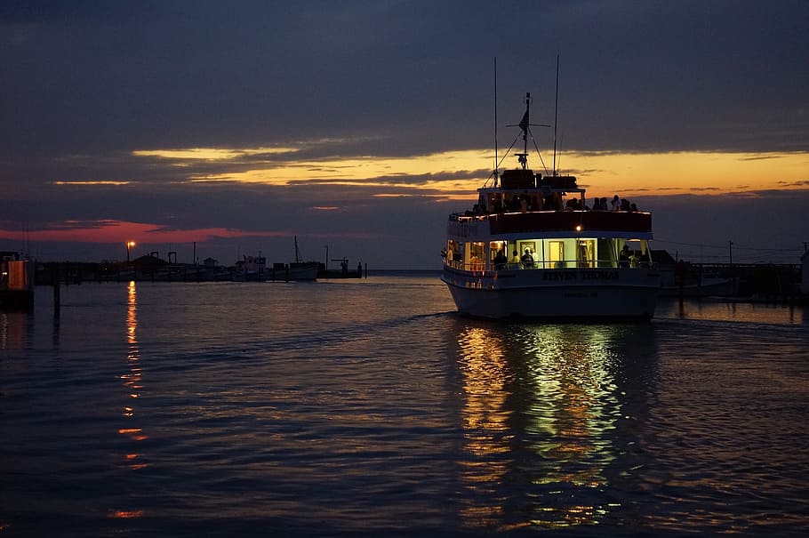 boat, ship, sunset, illuminated, lake, water, cruise, reflection HD wallpaper