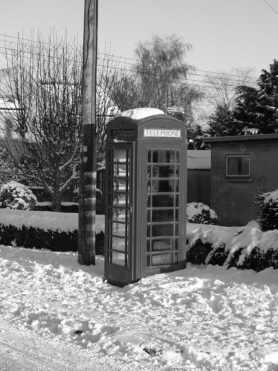 snow, telephone box, red, traditional, style, december, retro