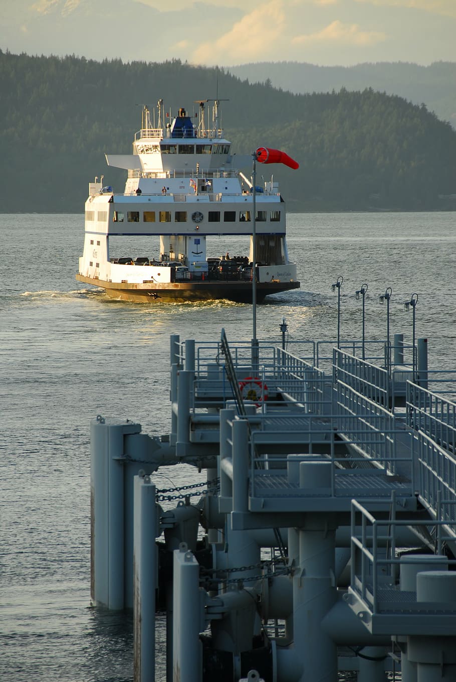 ferry, harbor, sunset, ocean, island, forest, water, sea, nautical vessel HD wallpaper